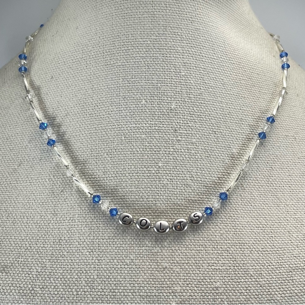 Stunning Indiana Colts Football Sterling Silver Blue White Glass Beaded Necklace